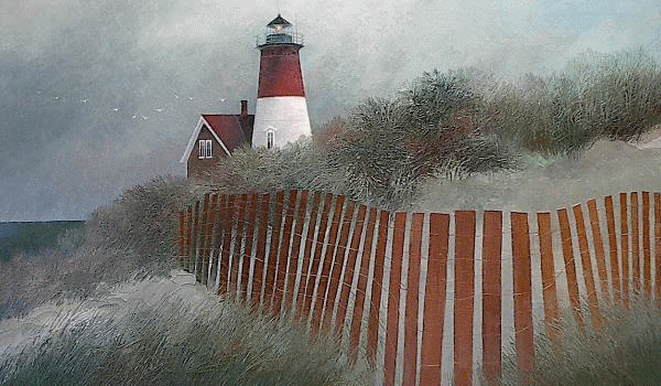 Petit Tableau Vintage – Paysage Avec Phare, Cadre Jaune, Verre, Bon état